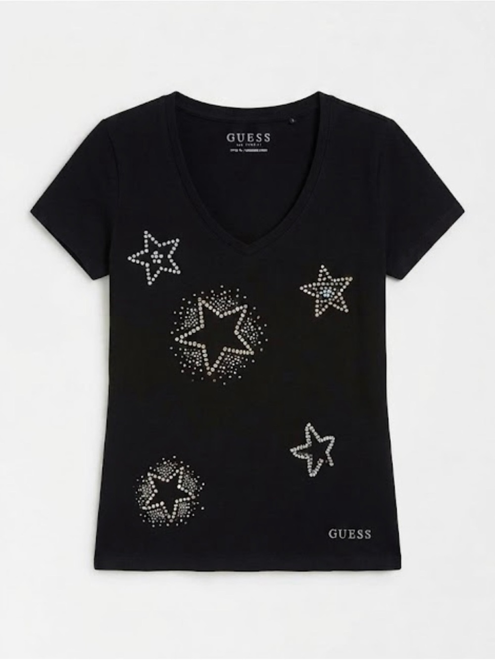 GUESS Los Angeles Black Fitted V-Neck Rhinestone & Pearl Star Graphic Tee/ M